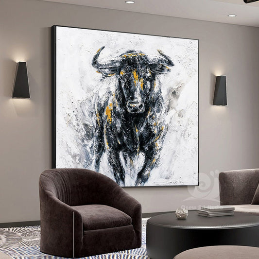 Abstract Bull Oil Painting on Canvas, Large Original Bull Canvas Wall Art, Modern Hand-painted Animal Painting for Living Room,bedroom Décor