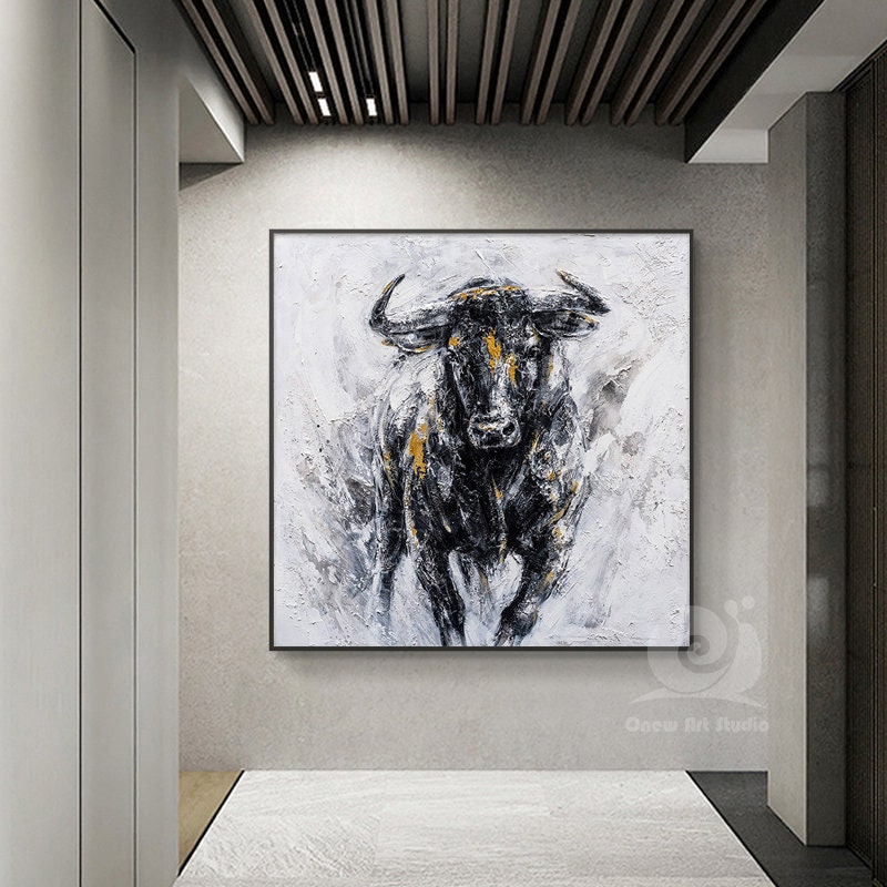 Abstract Bull Oil Painting on Canvas, Large Original Bull Canvas Wall Art, Modern Hand-painted Animal Painting for Living Room,bedroom Décor