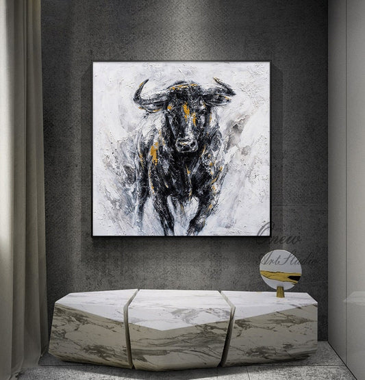 Abstract Bull Oil Painting on Canvas, Large Original Bull Canvas Wall Art, Modern Hand-painted Animal Painting for Living Room,bedroom Décor
