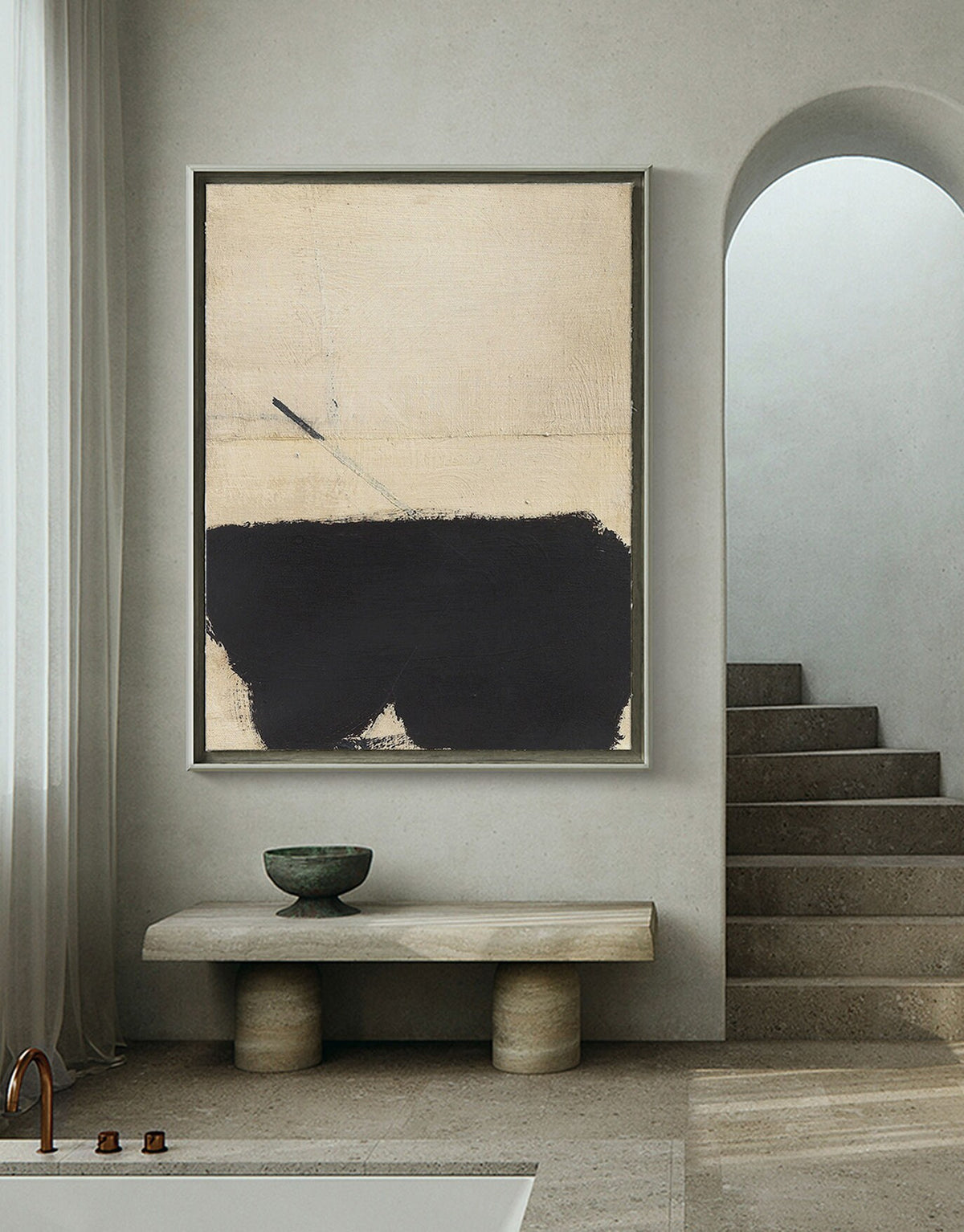 May include: A framed abstract painting with a black and beige color scheme. The painting features a large black shape in the bottom half of the frame, with a thin line extending from the top of the shape to the top of the frame.