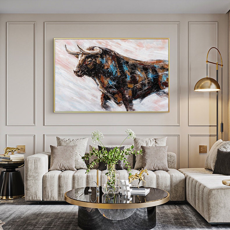 Abstract Bull Oil Painting on Canvas, Large Original Bull Canvas Wall Art, Modern Hand-painted Animal Painting for Living Room, Home Décor