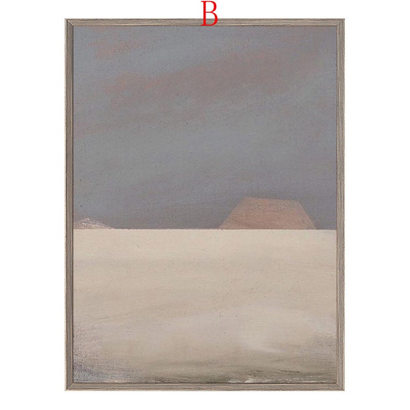 May include: Abstract painting of a desert landscape with a single, low, brown hill in the distance. The sky is a muted gray with hints of pink and the ground is a light beige.