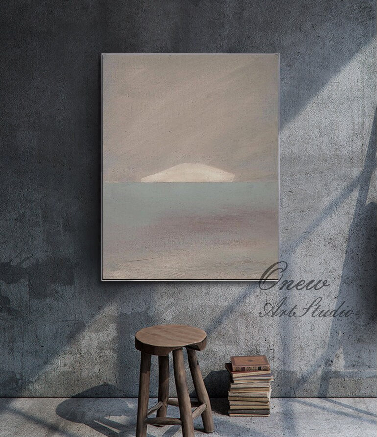 May include: Abstract painting with a light gray background and a white shape in the center. The painting has a soft, muted color palette and a minimalist aesthetic.