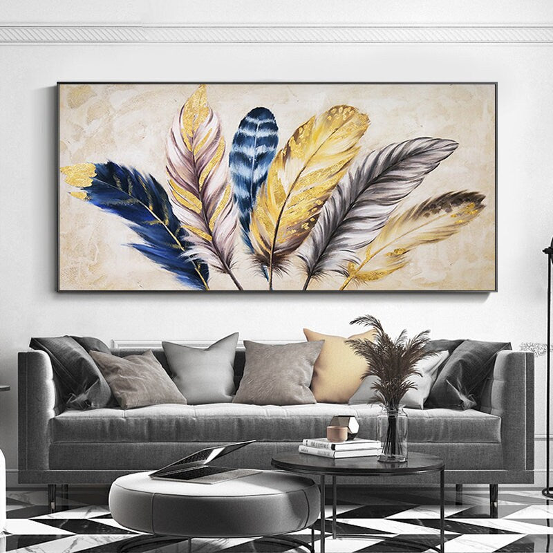 May include: A painting of a group of colorful feathers with gold accents on a beige background. The feathers are arranged in a fan shape and have a variety of colors, including blue, purple, and yellow.