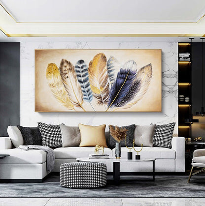 May include: A framed canvas print featuring a cluster of colorful feathers in shades of gold, brown, blue, and white. The feathers are arranged in a fan shape and have a textured appearance. The background is a light beige color.