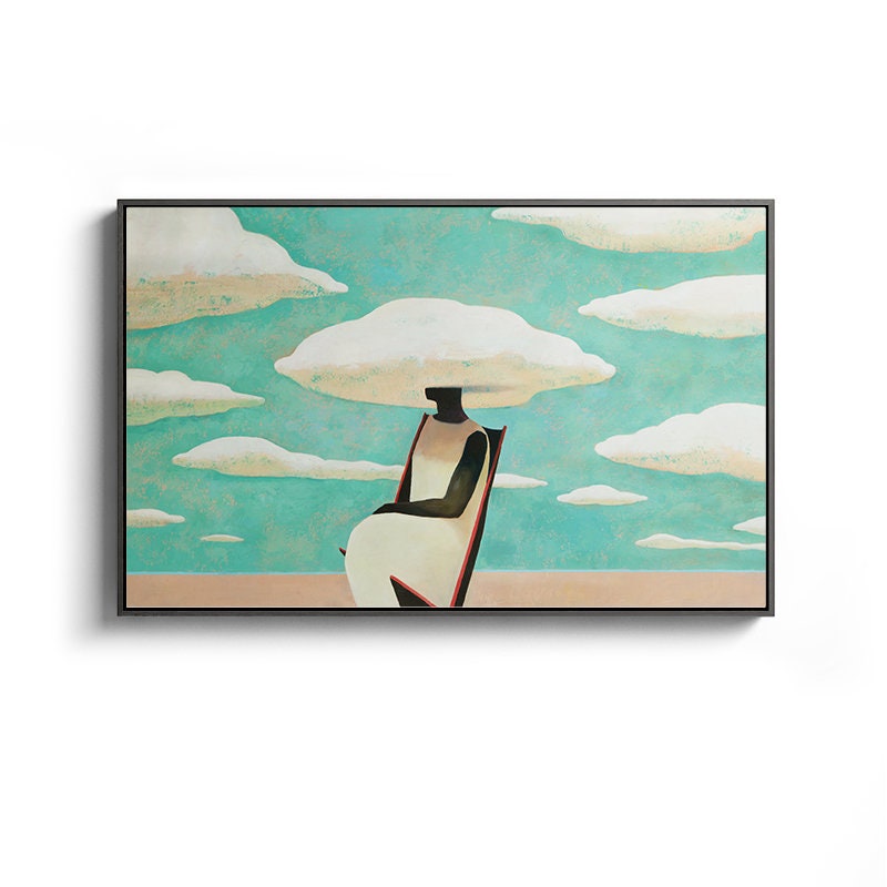 Large Abstract Black Woman Painting on Canvas, Original Beach and Clouds Canvas Wall Art, Modern Woman at Beach Painting for Living Room
