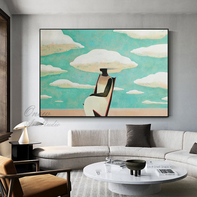 Large Abstract Black Woman Painting on Canvas, Original Beach and Clouds Canvas Wall Art, Modern Woman at Beach Painting for Living Room