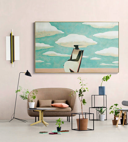 Large Abstract Black Woman Painting on Canvas, Original Beach and Clouds Canvas Wall Art, Modern Woman at Beach Painting for Living Room