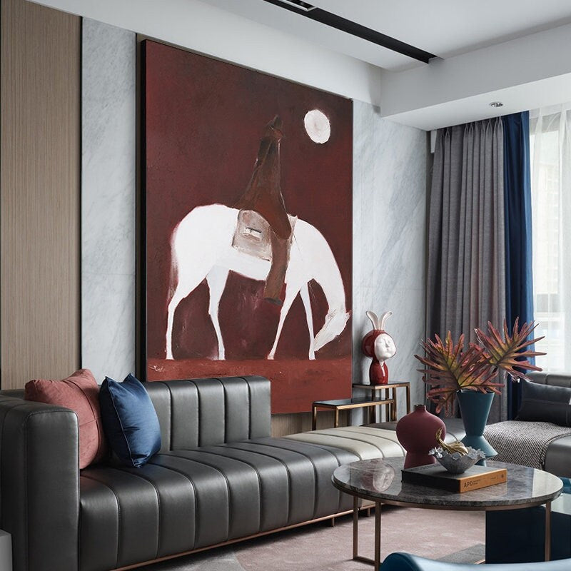 Abstract Horse Riding Oil Painting on Canvas, Original White Horse at Moonlit Night Canvas Wall Art,abstract Cowboy Painting for Living Room