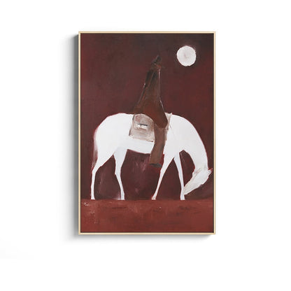 Abstract Horse Riding Oil Painting on Canvas, Original White Horse at Moonlit Night Canvas Wall Art,abstract Cowboy Painting for Living Room