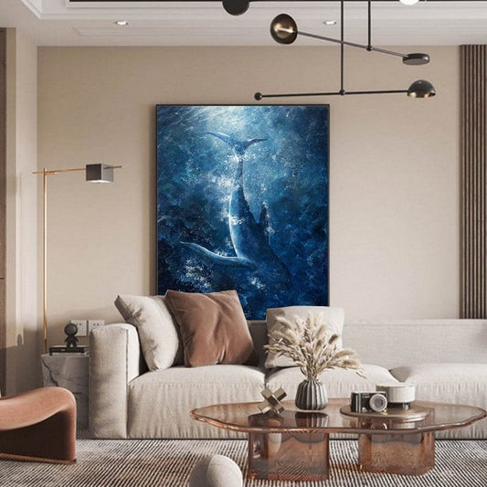 Original Whale Oil Painting on Canvas, Large Abstract Ocean Canvas Art, Seascape Painting, Modern Animal Wall Art for Living Room Bedroom
