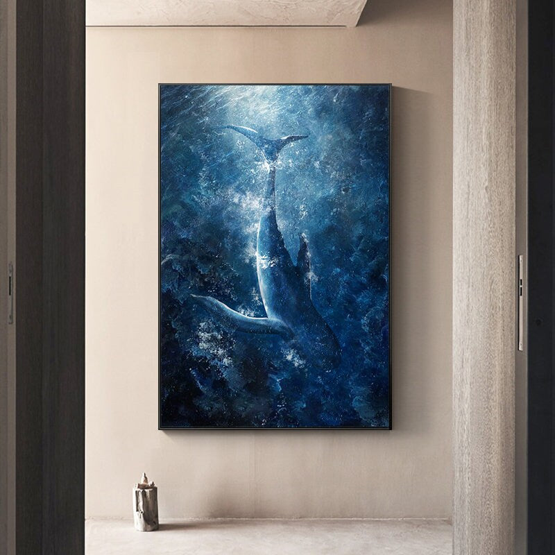 Original Whale Oil Painting on Canvas, Large Abstract Ocean Canvas Art, Seascape Painting, Modern Animal Wall Art for Living Room Bedroom