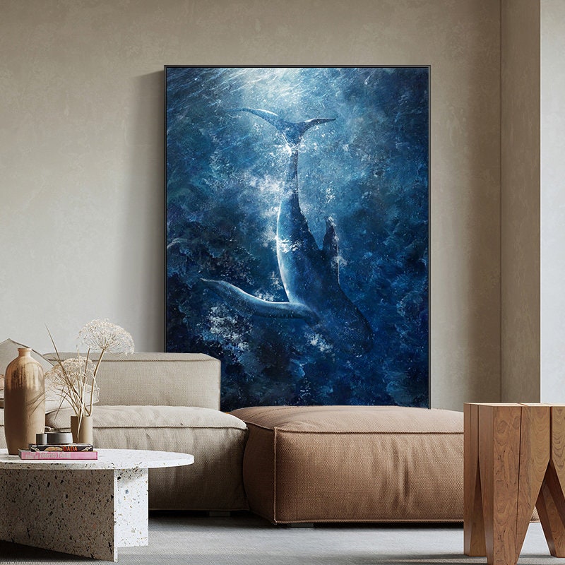 Original Whale Oil Painting on Canvas, Large Abstract Ocean Canvas Art, Seascape Painting, Modern Animal Wall Art for Living Room Bedroom
