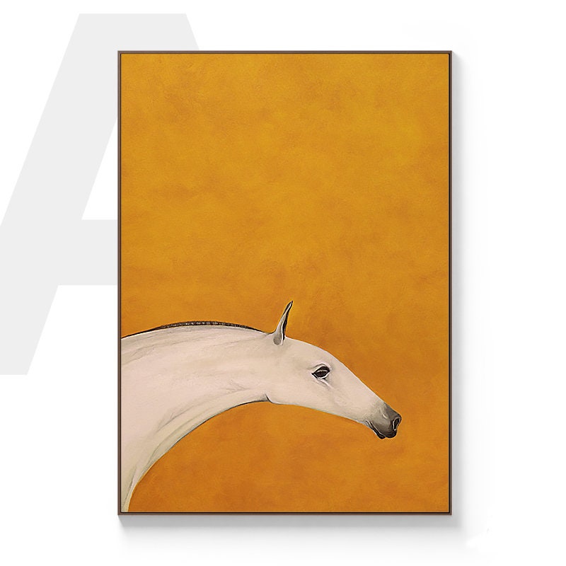 Abstract Horse Oil Painting on Canvas, Original Orange and White Canvas Wall Art, Modern Minimalist Animal Painting for Living Room Bedroom