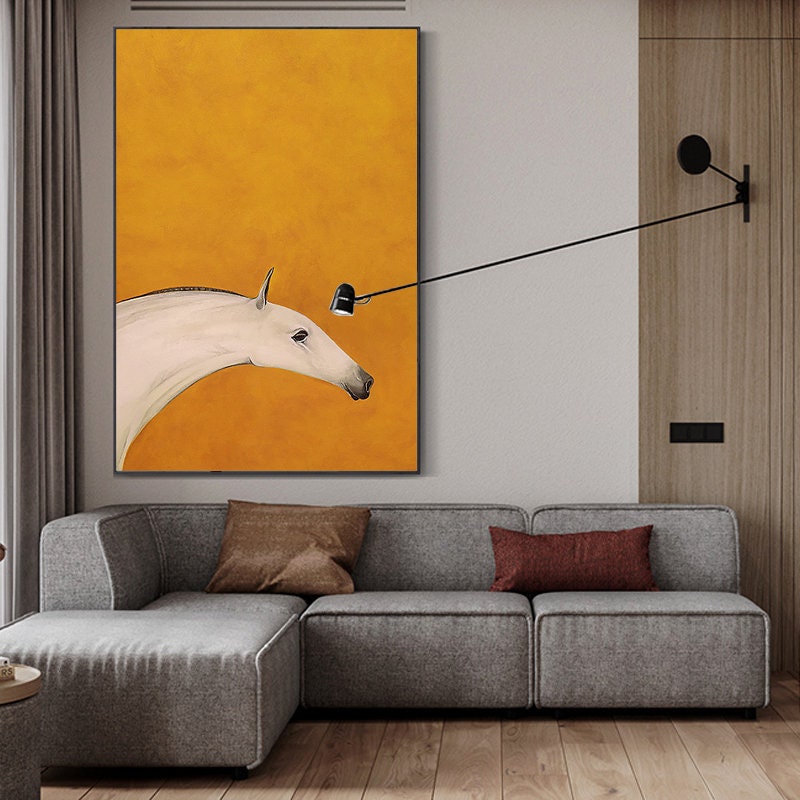 Abstract Horse Oil Painting on Canvas, Original Orange and White Canvas Wall Art, Modern Minimalist Animal Painting for Living Room Bedroom