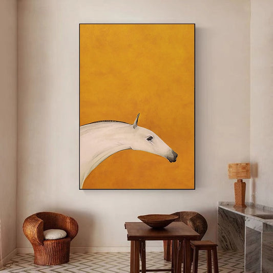 Abstract Horse Oil Painting on Canvas, Original Orange and White Canvas Wall Art, Modern Minimalist Animal Painting for Living Room Bedroom