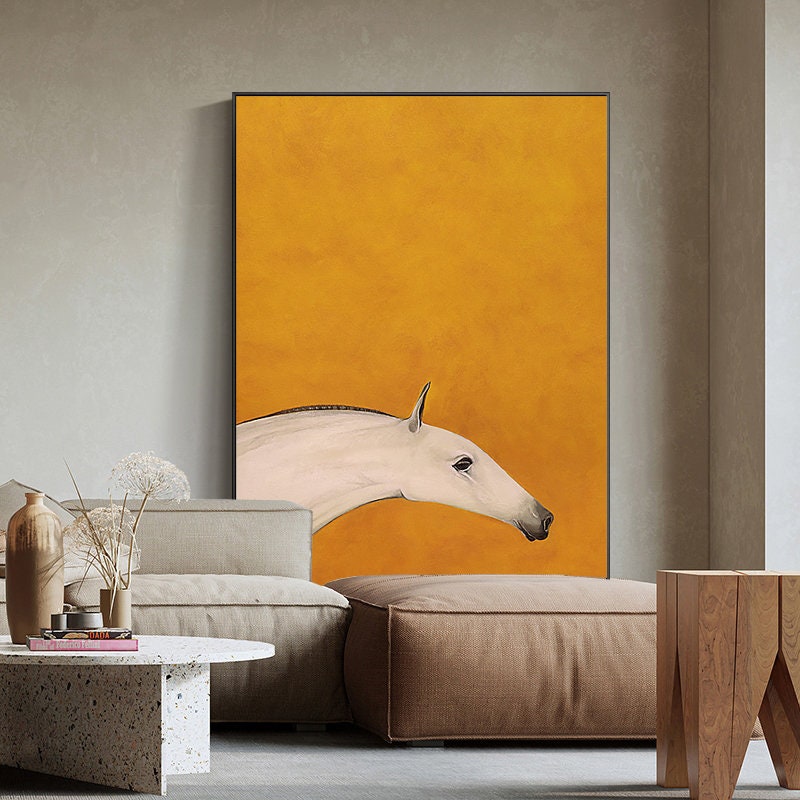 Abstract Horse Oil Painting on Canvas, Original Orange and White Canvas Wall Art, Modern Minimalist Animal Painting for Living Room Bedroom