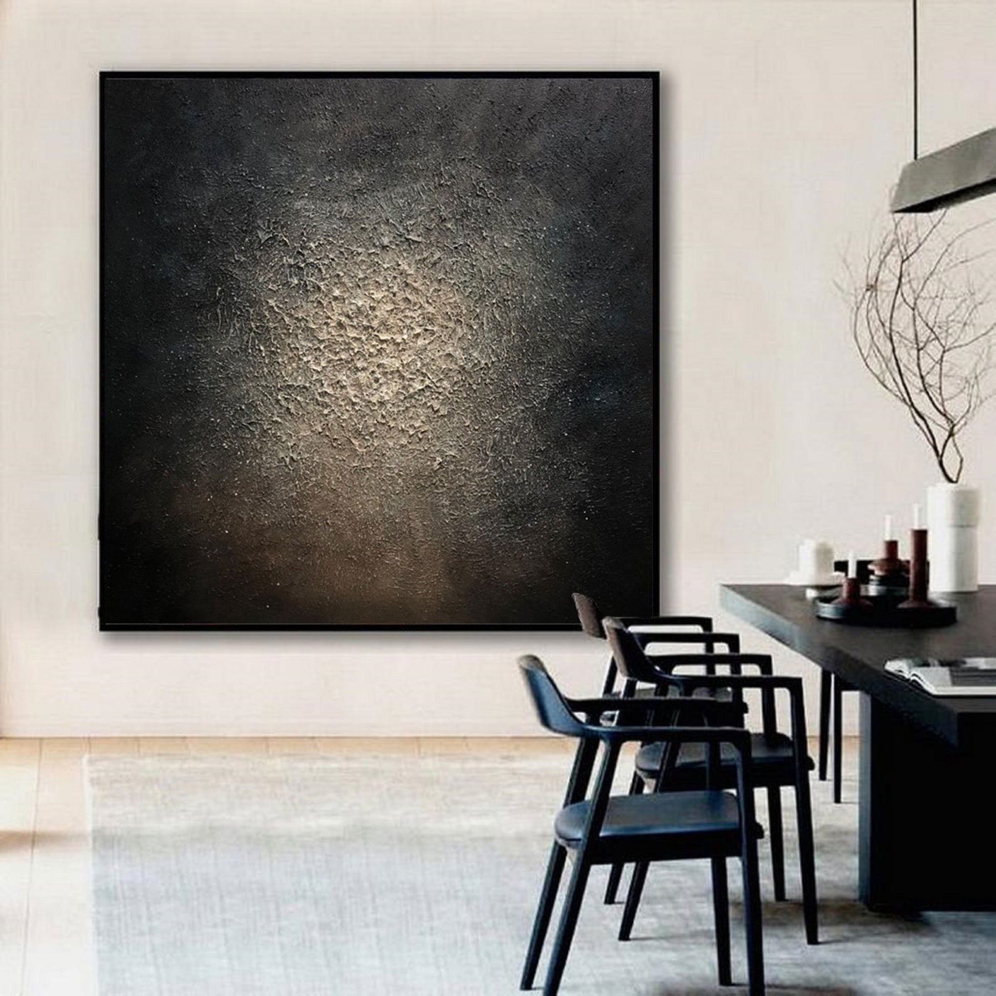 Large Black Textured Abstract Painting – Gold Wall Art