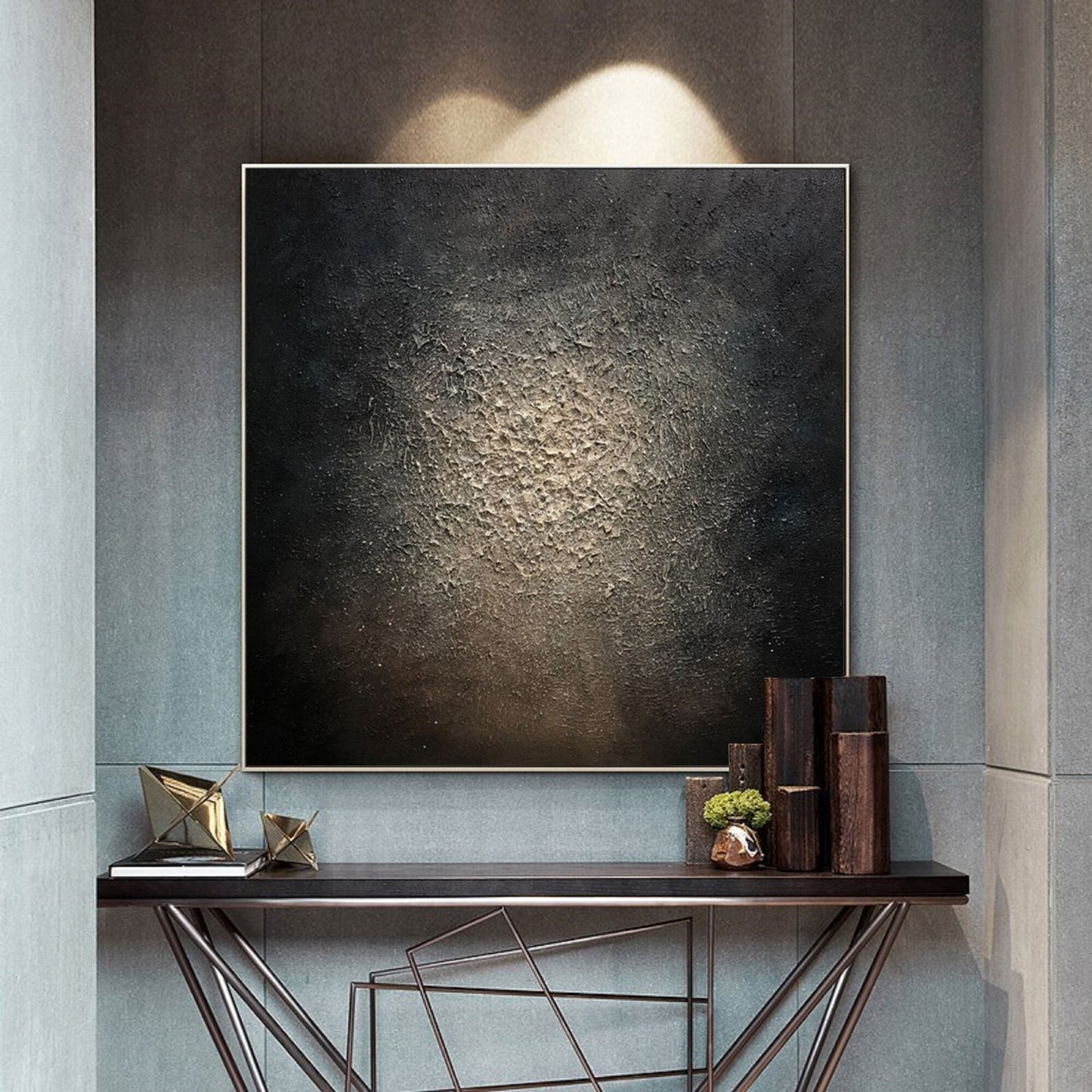 Large Black Textured Abstract Painting – Gold Wall Art