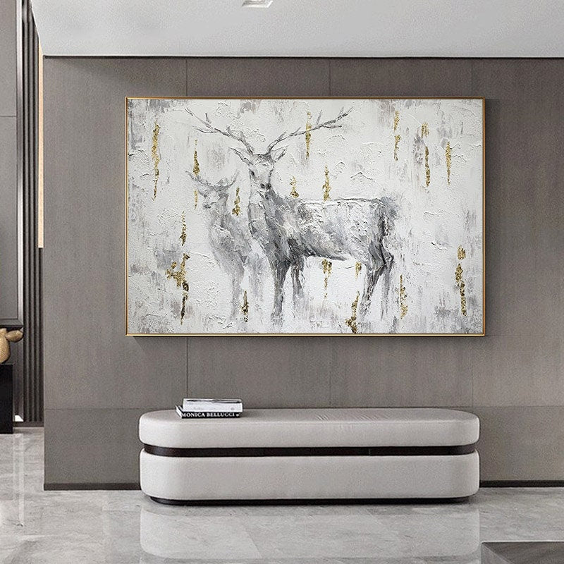Large Abstract Deer Oil Painting on Canvas, Original Hand-painted Stag and Doe Canvas Art, Modern Textured Animal Wall Art for Living Room