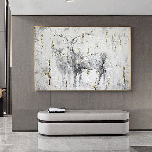 Large Abstract Deer Oil Painting on Canvas, Original Hand-painted Stag and Doe Canvas Art, Modern Textured Animal Wall Art for Living Room