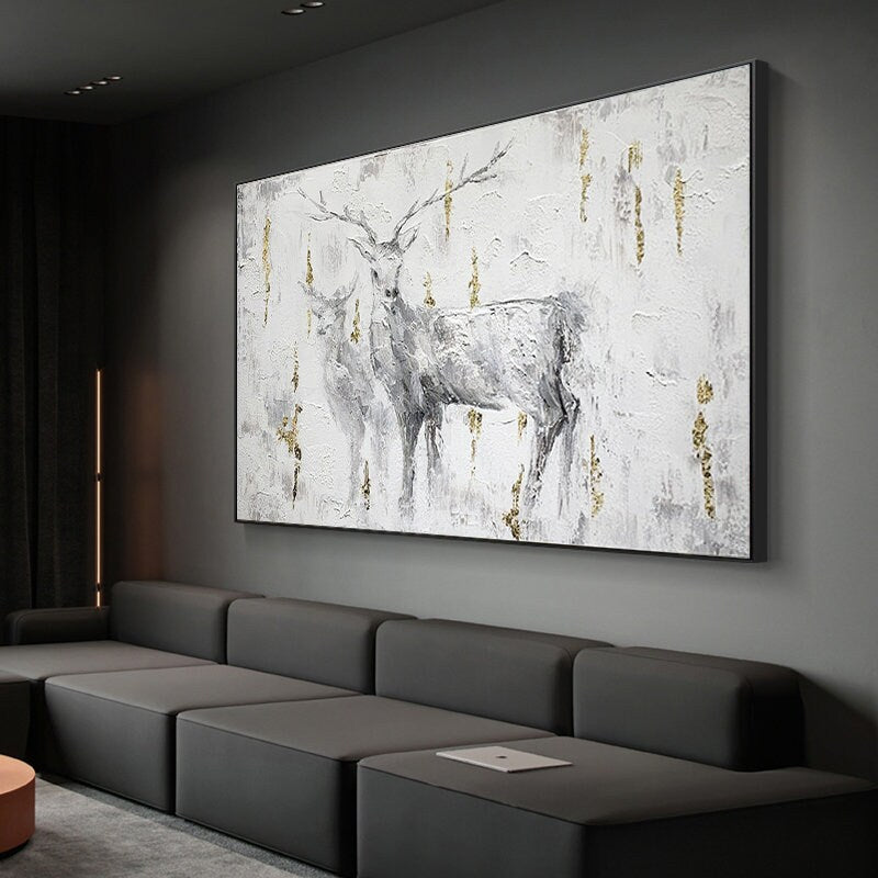 Large Abstract Deer Oil Painting on Canvas, Original Hand-painted Stag and Doe Canvas Art, Modern Textured Animal Wall Art for Living Room