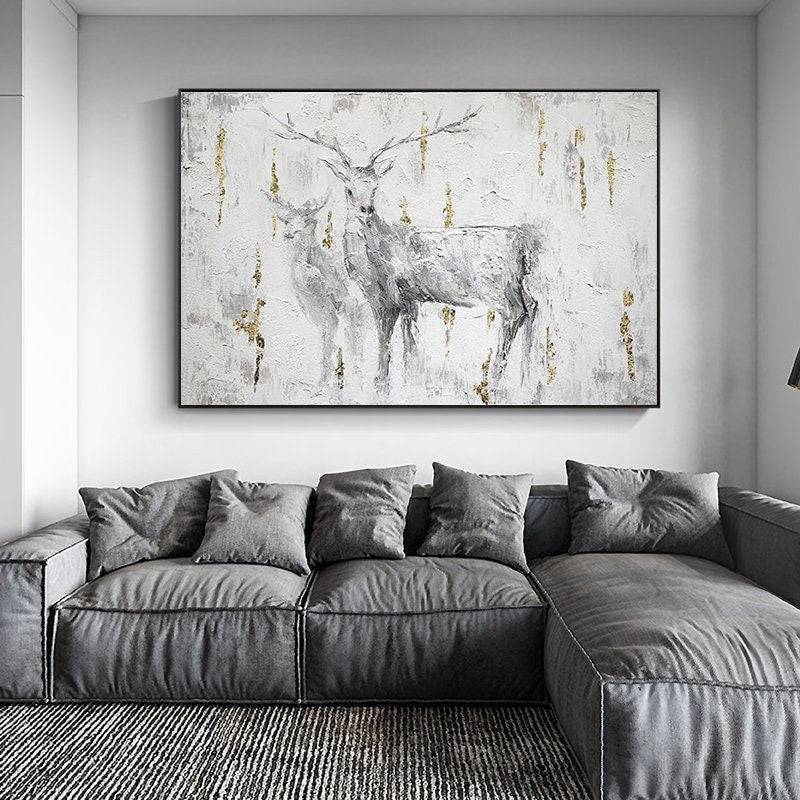 Large Abstract Deer Oil Painting on Canvas, Original Hand-painted Stag and Doe Canvas Art, Modern Textured Animal Wall Art for Living Room