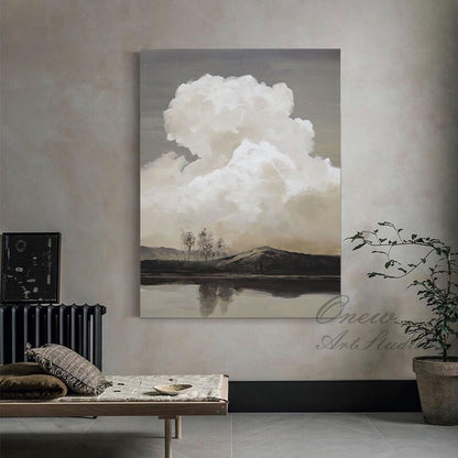 Abstract Landscape Oil Painting on Canvas, Original Mountain and River Canvas Wall Art, Modern Clouds Painting for Living Room, Home Décor