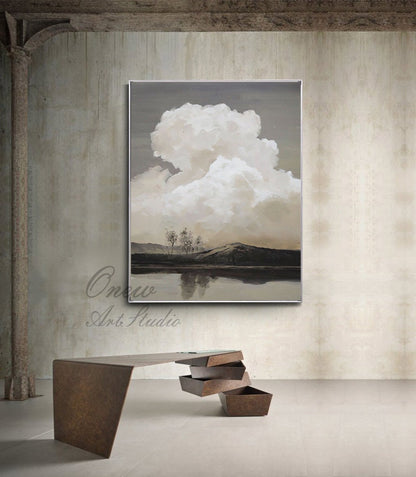 Abstract Landscape Oil Painting on Canvas, Original Mountain and River Canvas Wall Art, Modern Clouds Painting for Living Room, Home Décor