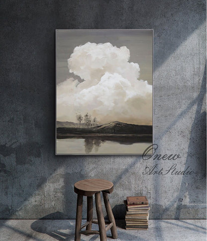 Abstract Landscape Oil Painting on Canvas, Original Mountain and River Canvas Wall Art, Modern Clouds Painting for Living Room, Home Décor
