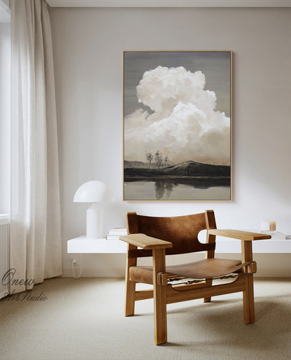Abstract Landscape Oil Painting on Canvas, Original Mountain and River Canvas Wall Art, Modern Clouds Painting for Living Room, Home Décor