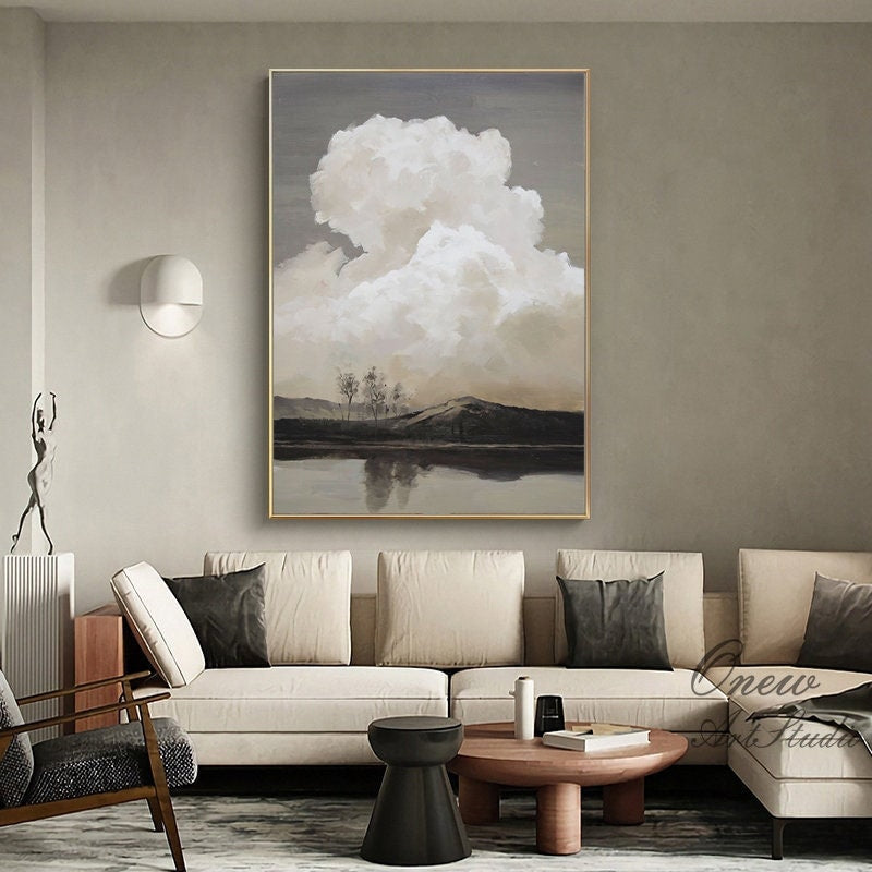 Abstract Landscape Oil Painting on Canvas, Original Mountain and River Canvas Wall Art, Modern Clouds Painting for Living Room, Home Décor