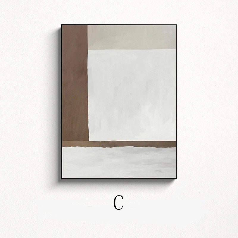 May include: Abstract painting with a brown, beige, and white color scheme. The painting features a large white rectangle with a brown border, set against a beige background. The bottom of the painting is a white rectangle with a brown line.