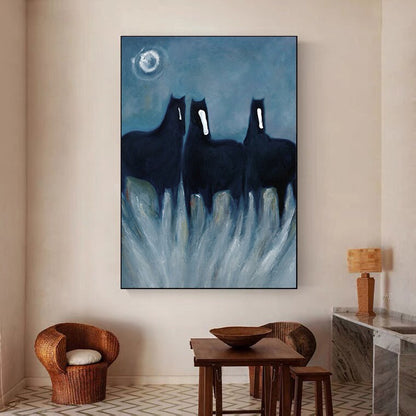 Abstract Black Horses Oil Painting on Canvas, Original Hand-painted Horse Canvas Wall Art, Modern Animal Painting for Living Room,home Décor