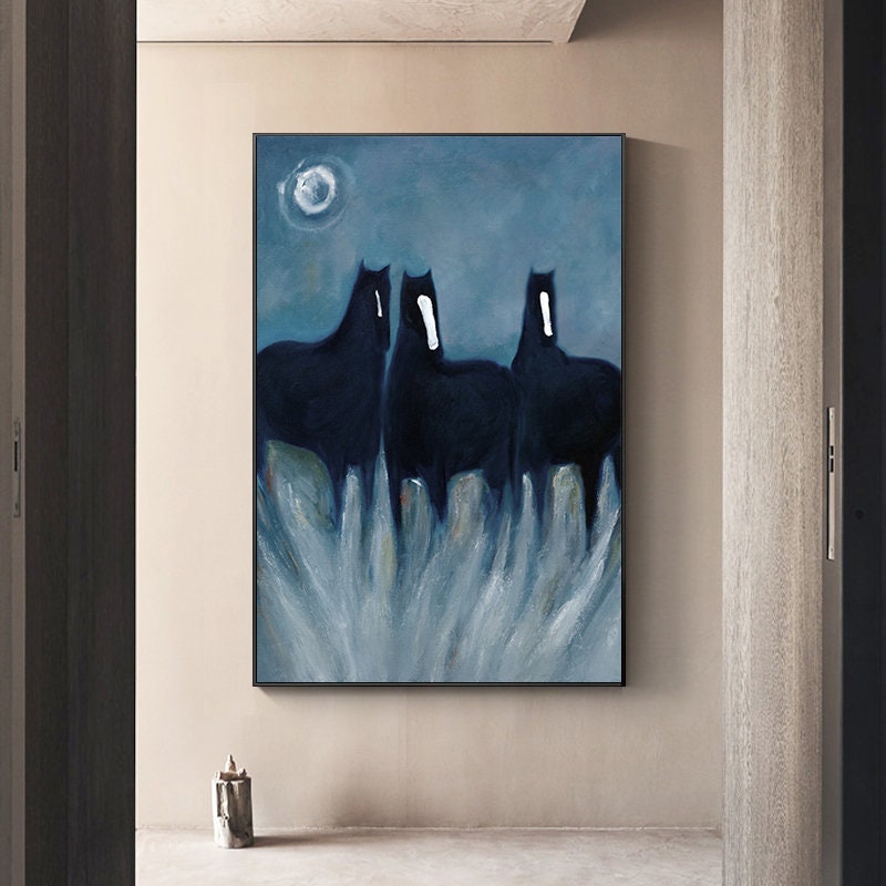 Abstract Black Horses Oil Painting on Canvas, Original Hand-painted Horse Canvas Wall Art, Modern Animal Painting for Living Room,home Décor