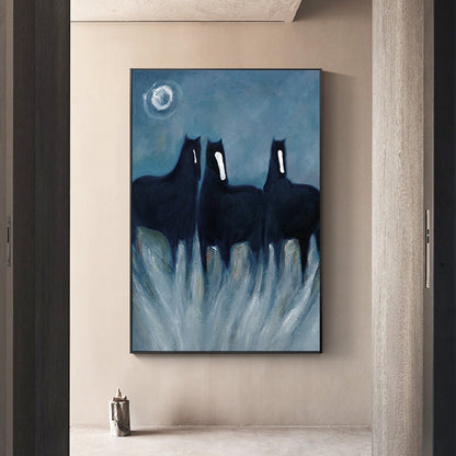 Abstract Black Horses Oil Painting on Canvas, Original Hand-painted Horse Canvas Wall Art, Modern Animal Painting for Living Room,home Décor