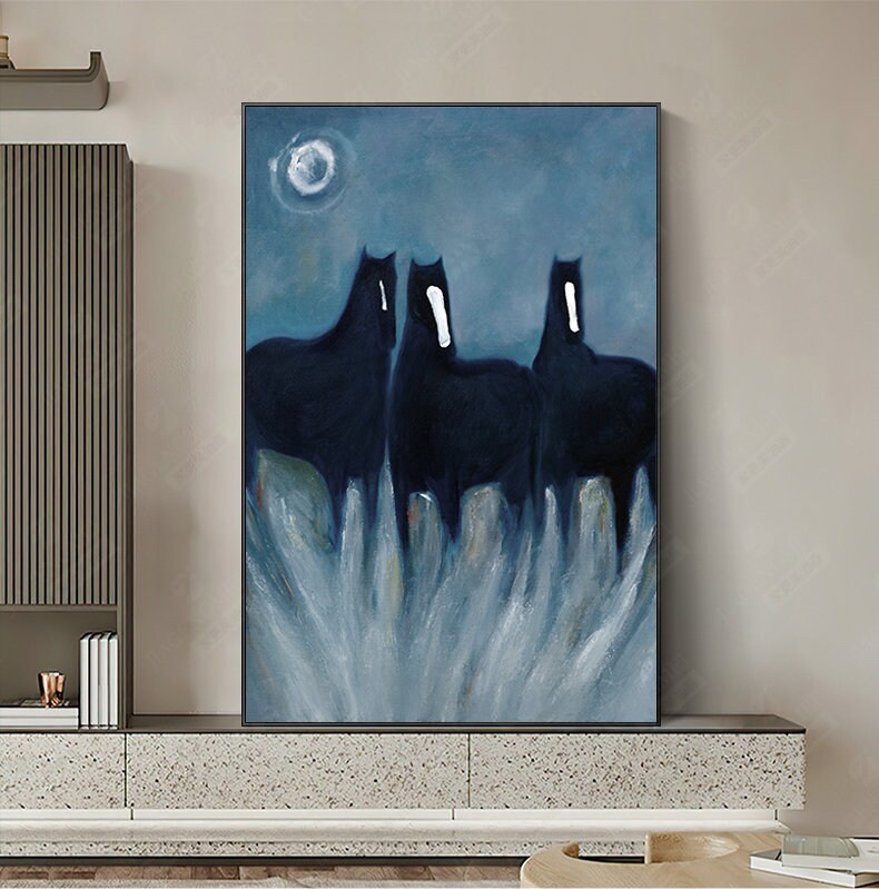 Abstract Black Horses Oil Painting on Canvas, Original Hand-painted Horse Canvas Wall Art, Modern Animal Painting for Living Room,home Décor
