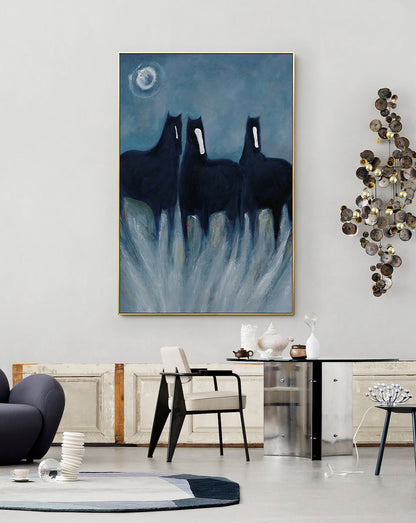Abstract Black Horses Oil Painting on Canvas, Original Hand-painted Horse Canvas Wall Art, Modern Animal Painting for Living Room,home Décor
