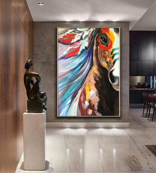 Large Colorful Horse Oil Painting on Canvas, Original Abstract War Horse Canvas Wall Art, Modern Animal painting for Living Room, Home Décor