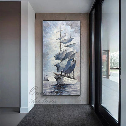 Large Abstract Sailboat Canvas Wall Art, Original Nautical Oil Painting on Canvas, Modern Hand-painted Seascape Painting for Living Room