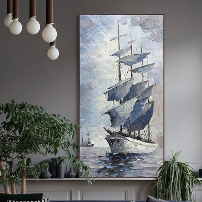 May include: A painting of a white sailboat with blue sails on a blue ocean. The sailboat is in the foreground of the painting, and the ocean is in the background. The sky is a light blue color, and there are clouds in the sky.