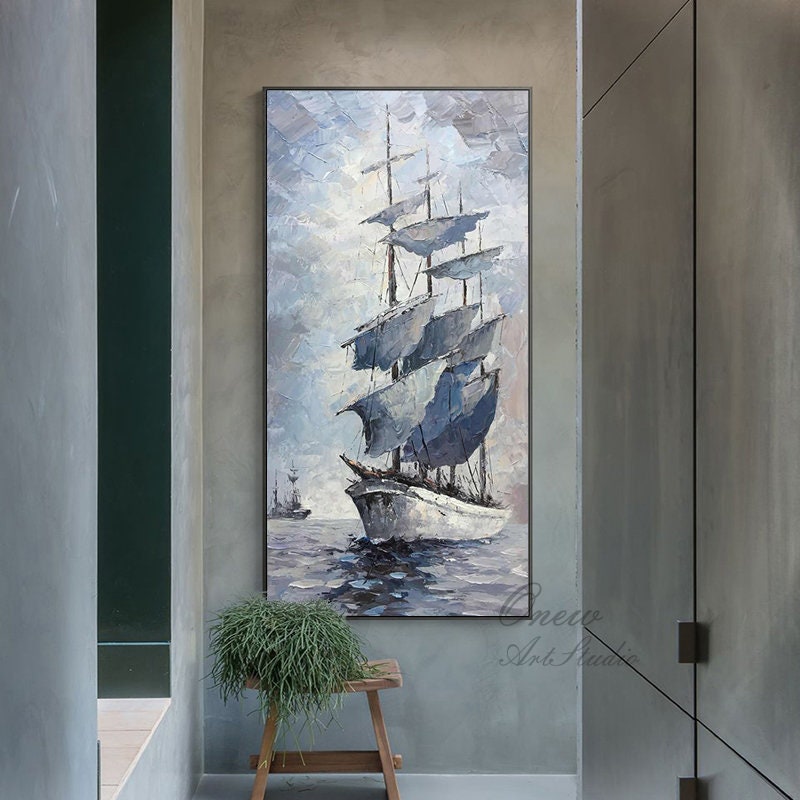 Large Abstract Sailboat Canvas Wall Art, Original Nautical Oil Painting on Canvas, Modern Hand-painted Seascape Painting for Living Room