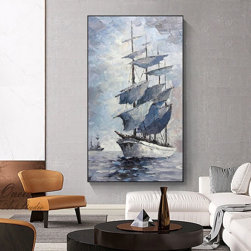 May include: A painting of a large white sailboat with blue sails on a calm sea. The sky is a light blue with white clouds. The painting is done in a painterly style with visible brushstrokes.