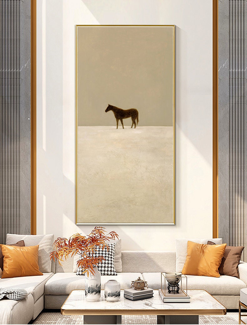 Large Abstract Canvas Wall Art, Original Horse Oil Painting on Canvas, Modern Minimalist Beige Wall Art for Living Room, Bedroom Decor
