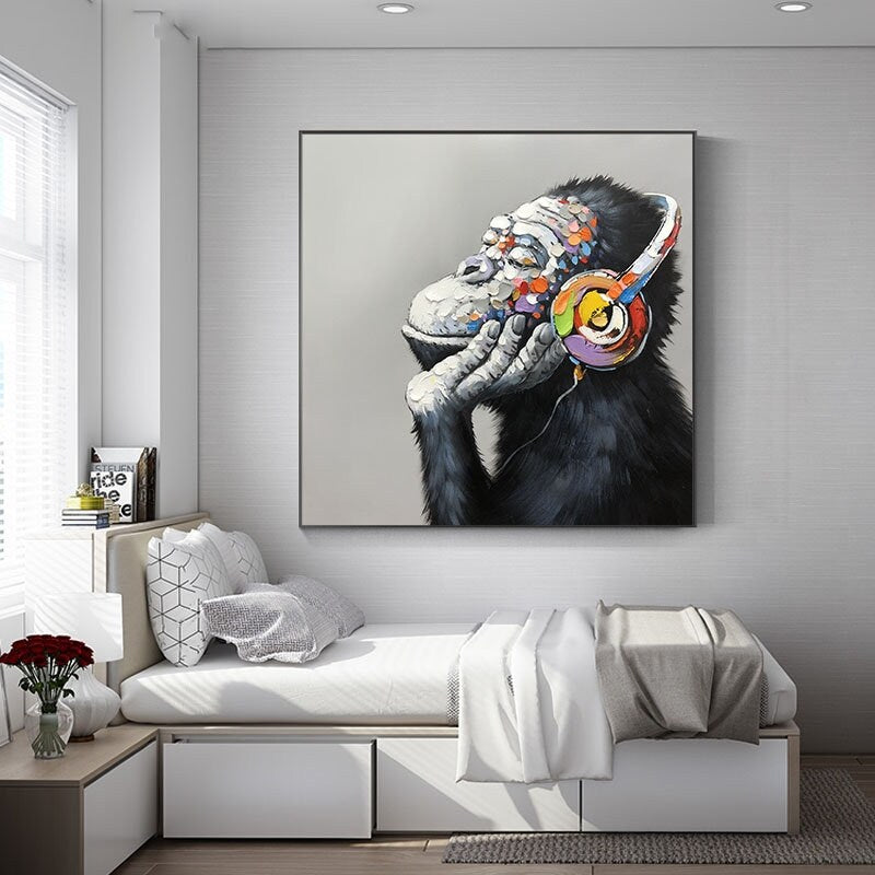 Abstract Monkey Oil Painting On Canvas, Large Original Monkey Canvas Wall Art, Banksy Gorilla Modern Wall Art for Living Room, Bedroom Décor