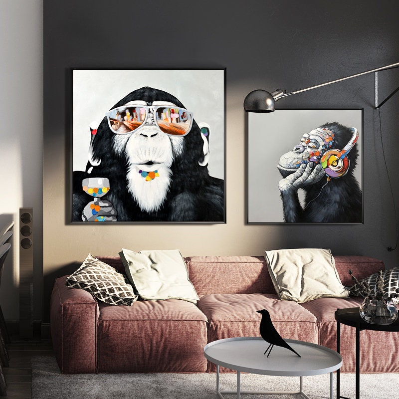 Abstract Monkey Oil Painting On Canvas, Large Original Monkey Canvas Wall Art, Banksy Gorilla Modern Wall Art for Living Room, Bedroom Décor
