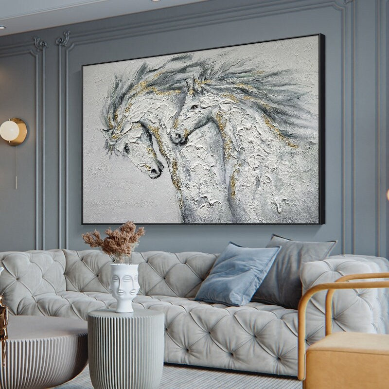 Large Abstract Horses Canvas Wall Art, Original Hand-painted Horses Oil Painting on Canvas, Modern Animal Wall Art for Living Room Bedroom