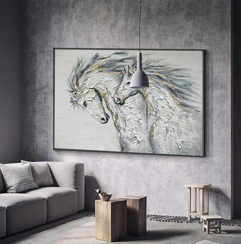 Large Abstract Horses Canvas Wall Art, Original Hand-painted Horses Oil Painting on Canvas, Modern Animal Wall Art for Living Room Bedroom