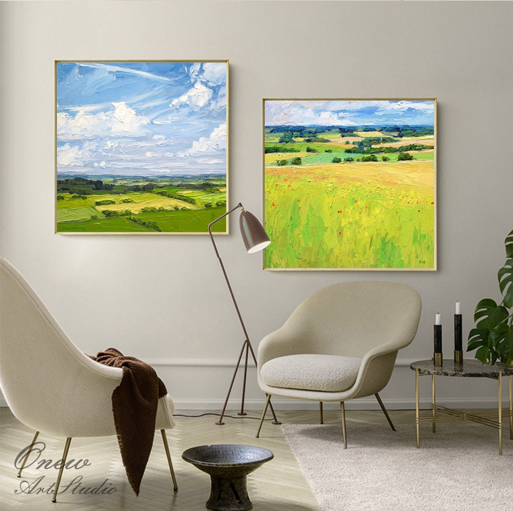 Large Abstract Landscape Oil Painting on Canvas, Original Clouds and Field Scenery Canvas Art, Modern Nature Art for Living Room, Home Décor