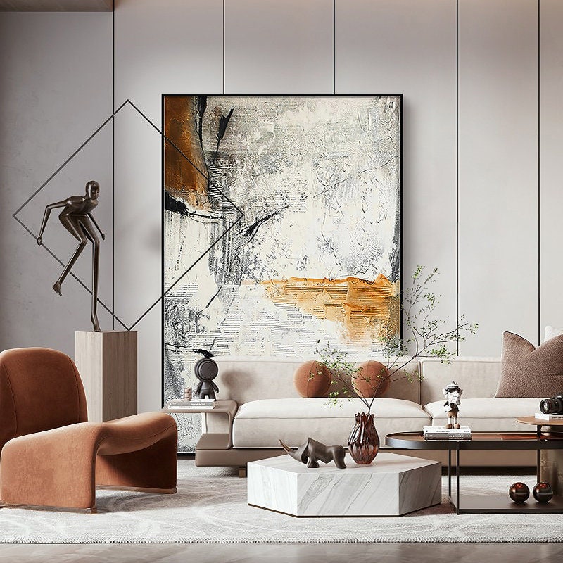 Abstract Canvas Wall Art, Large Original Oil Painting on Canvas, Modern White and Grey Minimalist Artwork for Bedroom, Living Room Wall Art